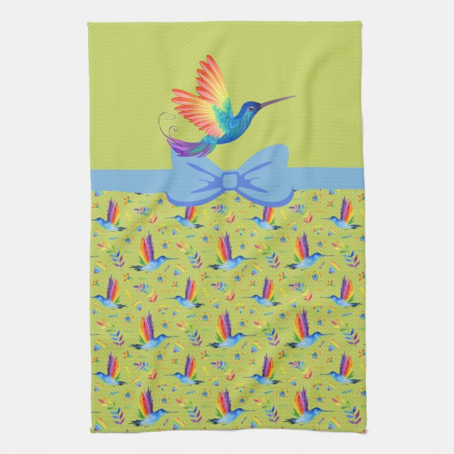 Linge De Cuisine Rainbows et Love Humming Bird in Lime (Vertical)