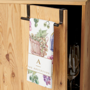 Linge De Cuisine Raisins de fromage à vin rustique Aquarelle Monogr