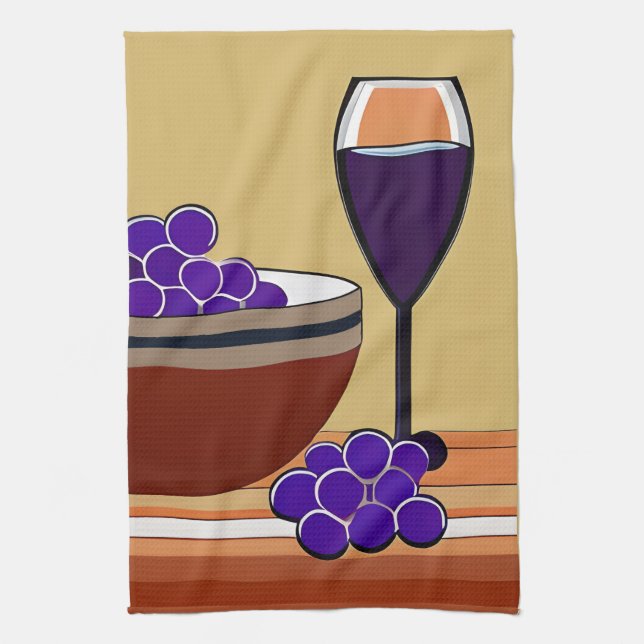 Linge De Cuisine Raisins et Wineglass en Maroon et Tan (Vertical)