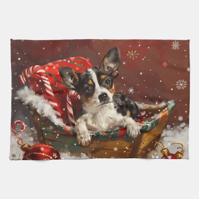 Linge De Cuisine Rat Terrier Chien Noël Festif (Horizontal)