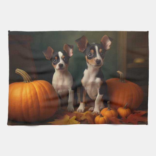 Linge De Cuisine Rat Terrier Chiot Automne Citrouille délice (Horizontal)