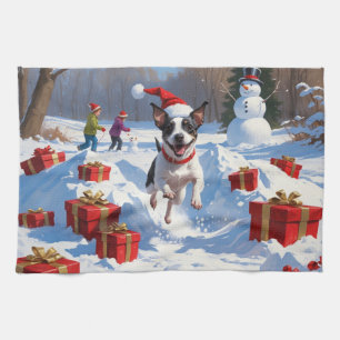 Linge De Cuisine Rat Terrier courant dans la neige avec un chapeau 