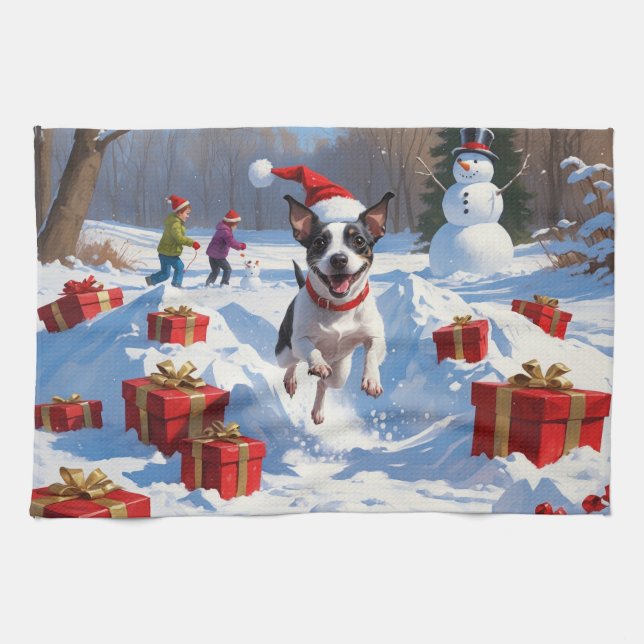Linge De Cuisine Rat Terrier Courir en neige avec Casquette de Noël (Horizontal)
