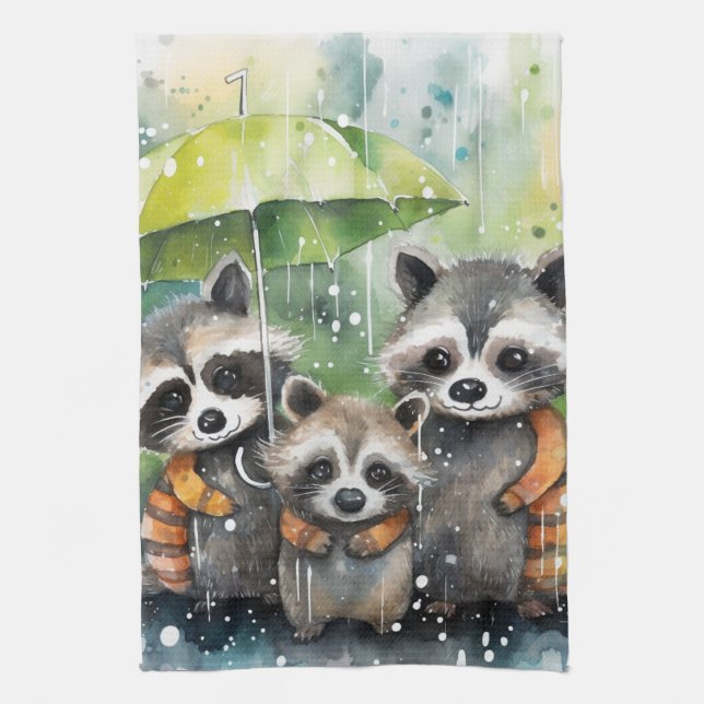 Linge De Cuisine Raton laveurs mignons sous la pluie (Vertical)