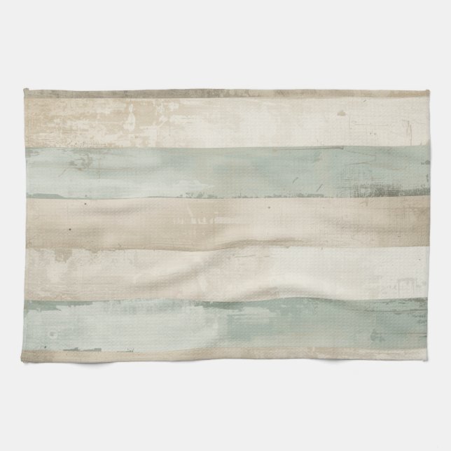 Linge De Cuisine Rayé de bleu doux patiné brun beige blanc rustique (Horizontal)
