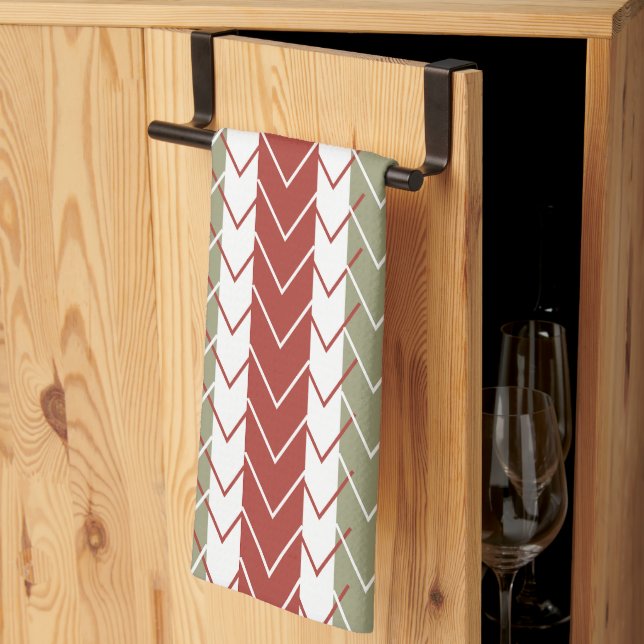 Linge De Cuisine Rayure Chevron Rouge Sarcelle  (Pliage en tiers)