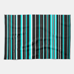 Linge De Cuisine Rayure de code-barres Aqua Bleu, Noir et Blanc