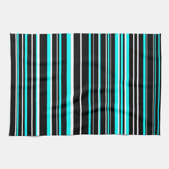 Linge De Cuisine Rayure de code-barres Aqua Bleu, Noir et Blanc (Horizontal)