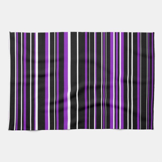 Linge De Cuisine Rayure de code-barres violet, noir et blanc (Horizontal)
