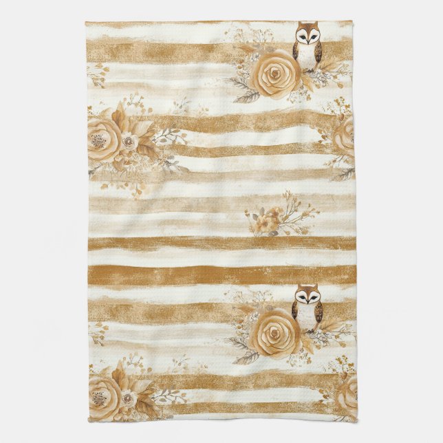 Linge De Cuisine Rayure de hibou boisé avec fleurs dorées (Vertical)