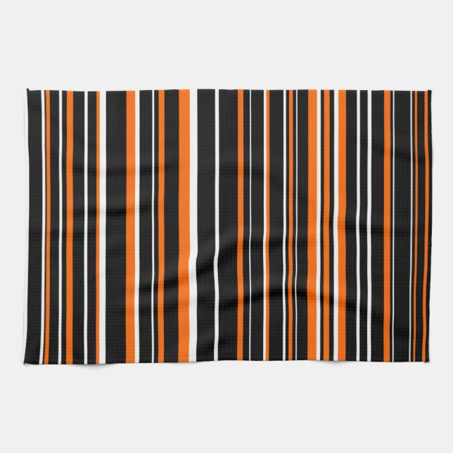 Linge De Cuisine Rayure personnalisable noir, orange et blanc (Horizontal)