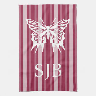 Linge De Cuisine Rayure victorienne de framboise avec le monogramme