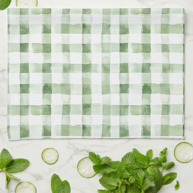 Linge De Cuisine Rayures à carreaux verts blancs   (Plié)
