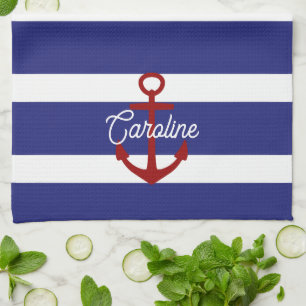 Linge De Cuisine Rayures bleues et blanches nautiques avec ancre ro