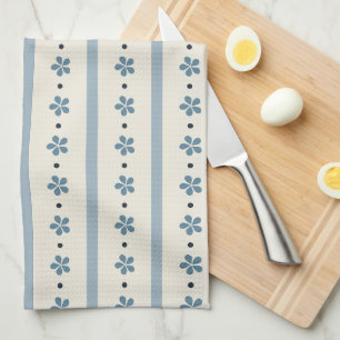 Linge De Cuisine Rayures Bleues Et Crème Et Fleurs