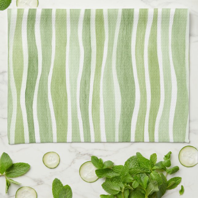 Linge De Cuisine Rayures crème vert citron ondulées (Plié)