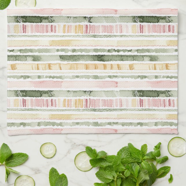 Linge De Cuisine Rayures Crème Vert Rose   (Plié)