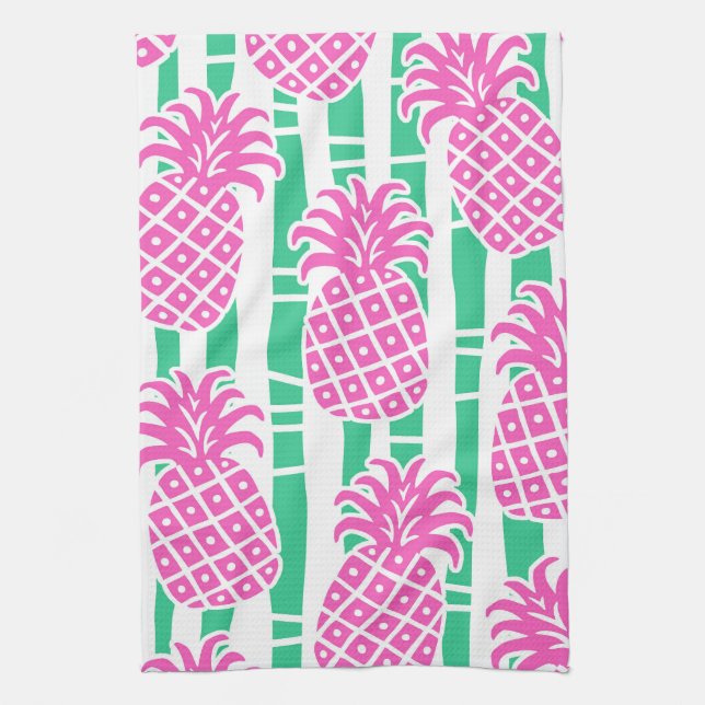 Linge De Cuisine Rayures de bambou à l'ananas motif rose et vert (Vertical)