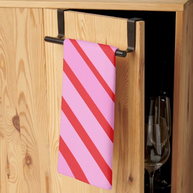 Linge De Cuisine Rayures diagonales roses et rouges  (Pliage en tiers)