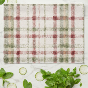 Linge De Cuisine Rayures écossaises vertes et rouges crème