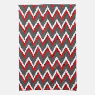 Linge De Cuisine Rayures en chevron Ikat - Rouge, Blanc et Gris