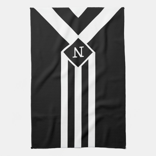 Linge De Cuisine Rayures et Chevron sur Fond Noir avec Monogramme (Vertical)