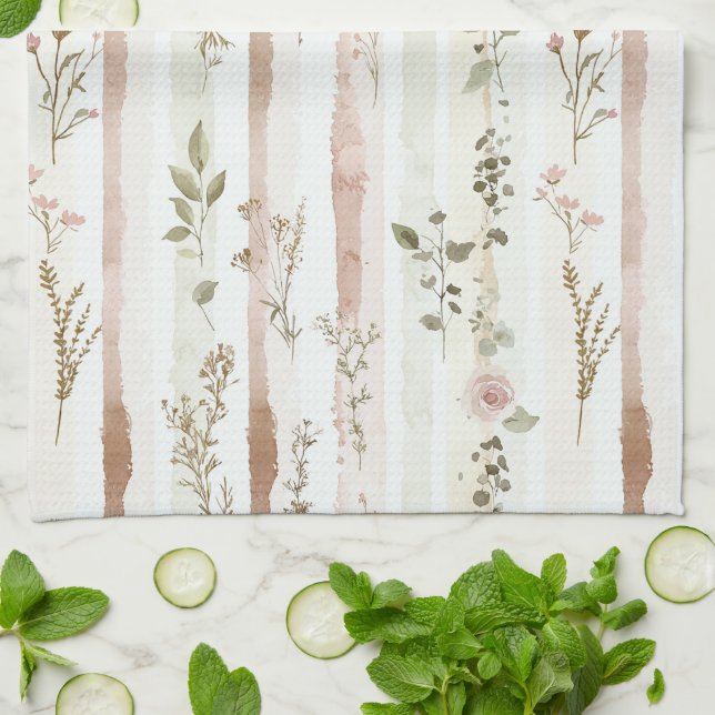 Linge De Cuisine Rayures Florales Roses (Plié)