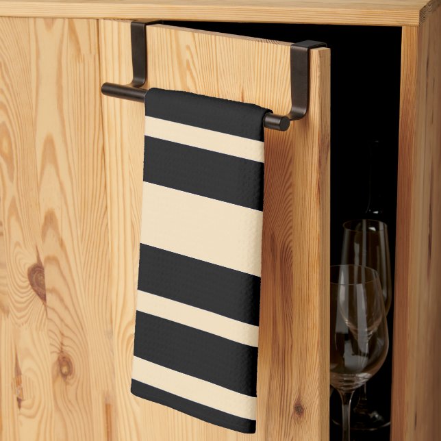 Linge De Cuisine Rayures larges répétées noir et crème (Pliage en tiers)