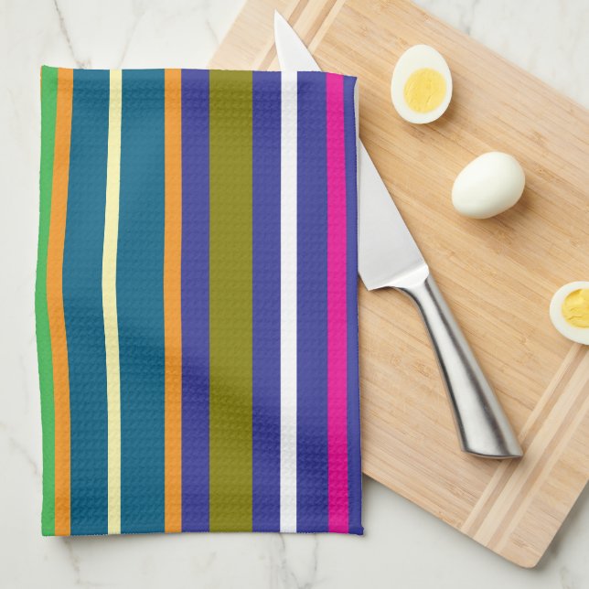 Linge De Cuisine Rayures Rétro Verticales Colorées (Quart Plié)