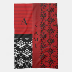 Linge De Cuisine Rayures rouges de damassé de nom et de monogramme