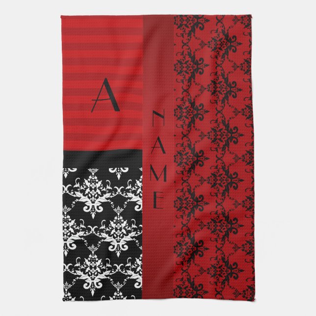 Linge De Cuisine Rayures rouges de damassé de nom et de monogramme (Vertical)