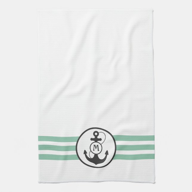 Linge De Cuisine Rayures vert clair avec le monogramme d'Ancre (Vertical)