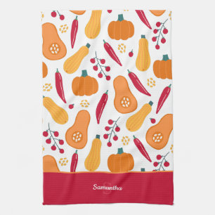 Linge De Cuisine Récolte Motif végétal avec nom orange et rouge