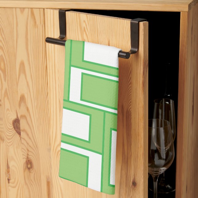 Linge De Cuisine Rectangles Géométriques Vert Blanc  (Pliage en tiers)