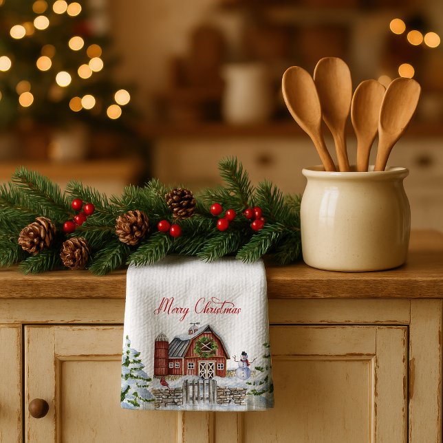 Linge De Cuisine Red Barn Merry Christmas Snow Scene |  (Créateur téléchargé)