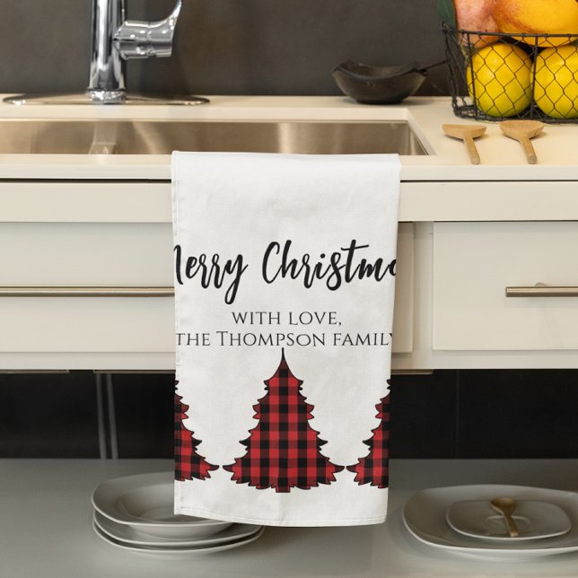 Linge De Cuisine Red Buffalo Plaid Joyeux Noël Custom (Merry Christmas red and black Christmas tree kitchen towel.)