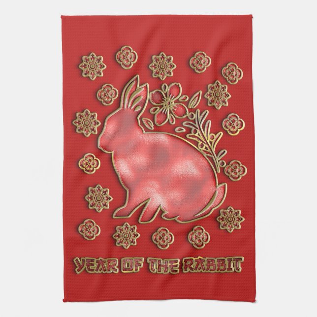 Linge De Cuisine Red Gold 2023 Rabbit Lunaire Chinois Nouvel An (Vertical)