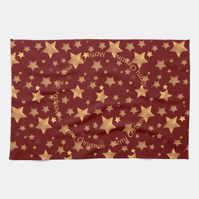 Linge De Cuisine Red Gold Stars Motif Élégant Joyeux Noël (Horizontal)