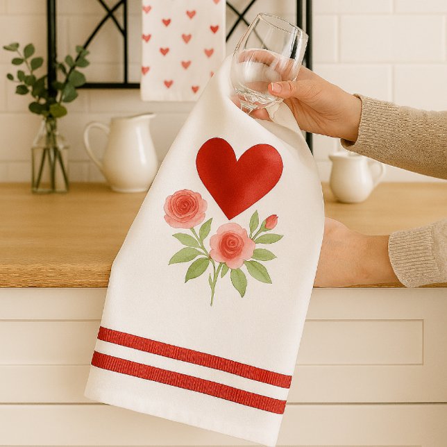 Linge De Cuisine Red Heart Pink Roses Valentine's Day (Add romantic charm to your kitchen with Valentine’s Day towels featuring hearts, roses, and stripes.)