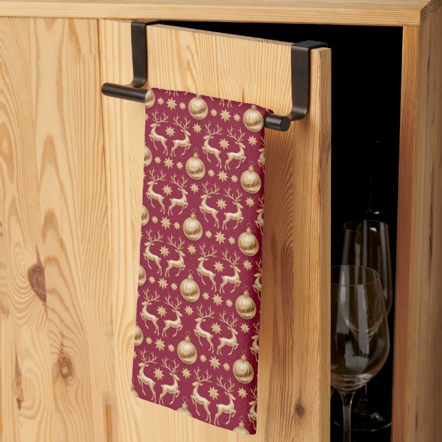 Linge De Cuisine Red Holiday Kitchen Towels with Golden Reindeer (Pliage en tiers)