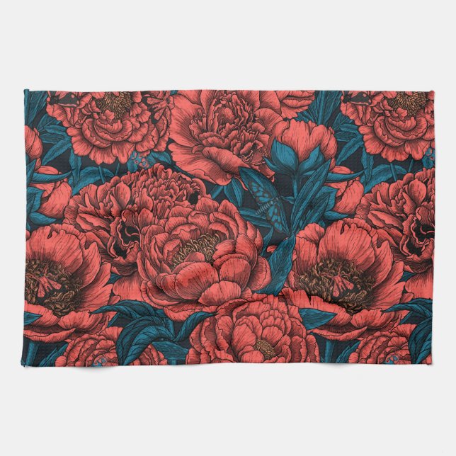 Linge De Cuisine Red peony flowers and moths (Horizontal)