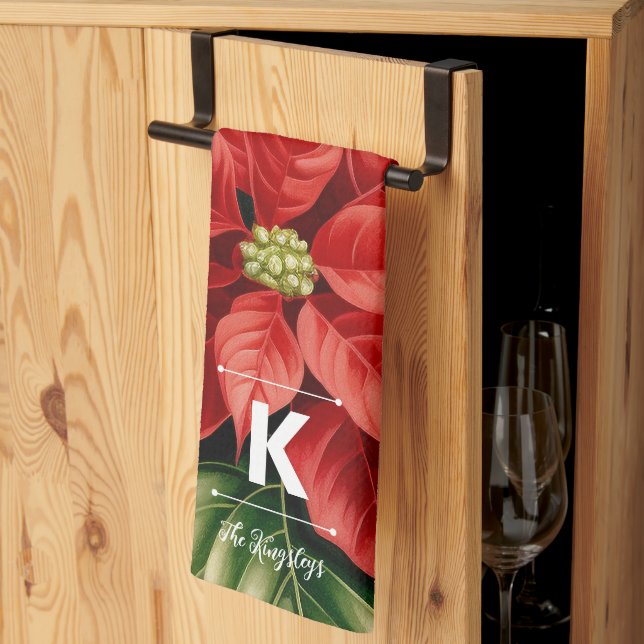 Linge De Cuisine Red Poinsettia Christmas Personalized Monogram (Pliage en tiers)