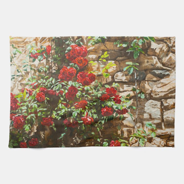 Linge De Cuisine Red Roses Against a Stone Wall (Horizontal)