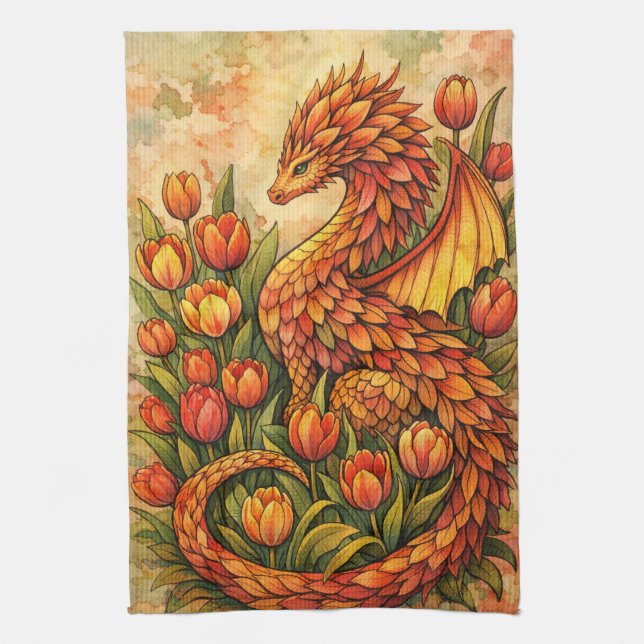 Linge De Cuisine Red Tulips Dragon Spring Dragons                   (Vertical)