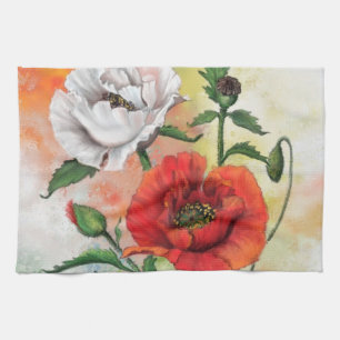 Linge De Cuisine Red White Poppy Flowers Kitchen Towel Painting