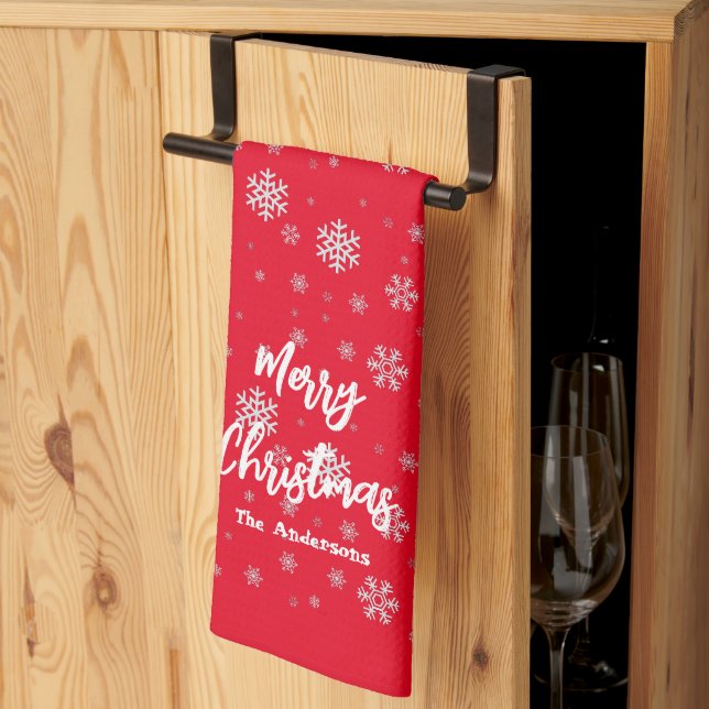 Linge De Cuisine Red White Winter Snowflakes Modern Joyeux Noël (Pliage en tiers)