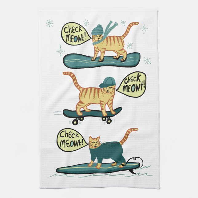 Linge De Cuisine Regarde Meowt ! Skateboard Surf Snowboard Tabby Ca (Vertical)