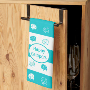 Linge De Cuisine Remorque Retro RV Happy Campers Turquoise & Blanc