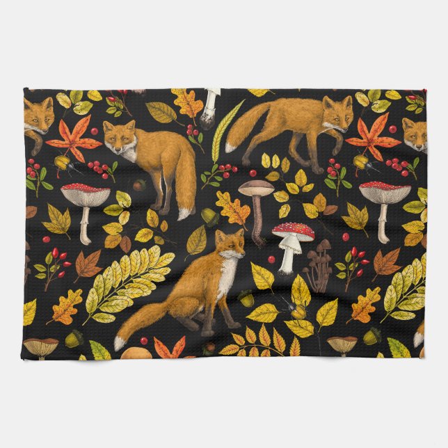 Linge De Cuisine Renard d'automne sur noir (Horizontal)