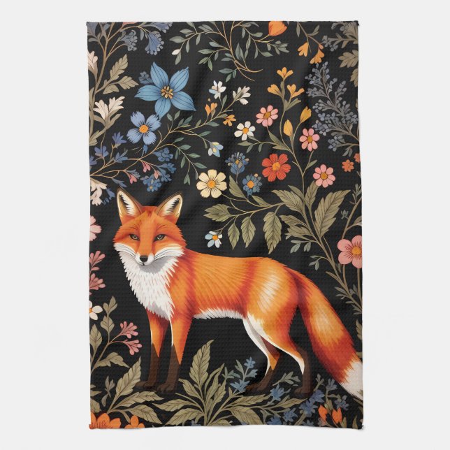 Linge De Cuisine Renard Élégant Fleur Florale Noir (Vertical)